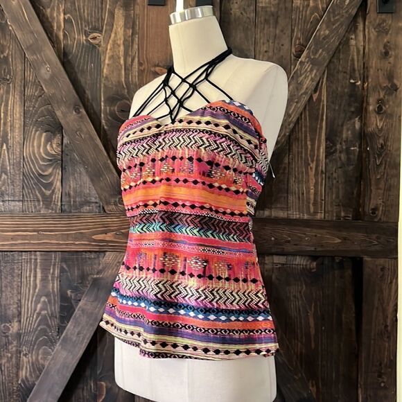 Island Escape Women's High Neck Lattice-Front Tankini Top Sz-12 - Picture 4 of 10